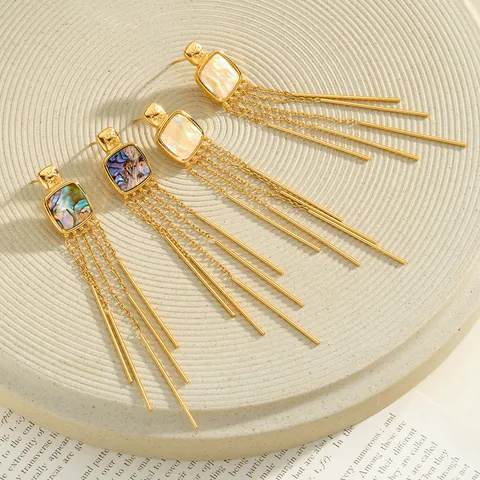 Korean Style Geometric Square Mother of Pearl Inlaid Tassel Drop Earrings For Women Stainless Steel Gold Plated Dangle Earrings Jewelry