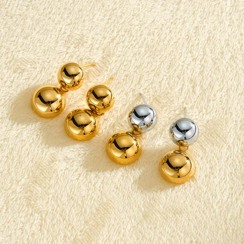 Orecchini a Goccia con Sfera in Acciaio Inossidabile Minimalista per Donna Design Geometrico Vintage Lucido Oro Argento Bicolore Accessorio di Gioielli alla Moda Impermeabile