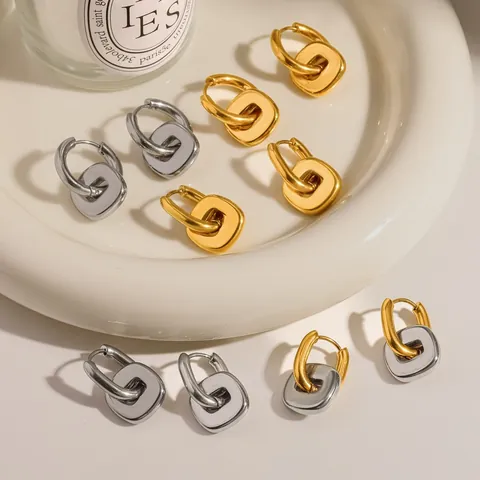 Ins Style Minimalist Stainless Steel Double Hoop Earrings 18K Gold Plated Geometric Square Pendant Earrings For Women High Quality Jewelry