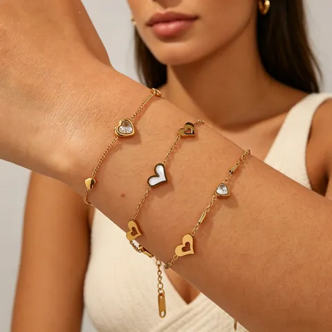 Women's European Style Stainless Steel Heart Bracelet Gold Plated Rhinestone Shell Inlaid Luxury Fashion Jewelry Hand Chain