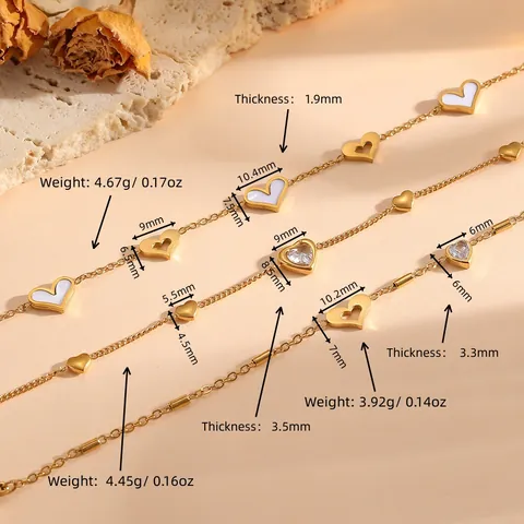 Women's European Style Stainless Steel Heart Bracelet Gold Plated Rhinestone Shell Inlaid Luxury Fashion Jewelry Hand Chain