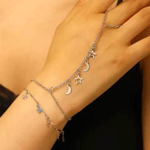 Fashionable Iron Star Moon Dangle Pendant Ring-Linked Bracelet For Women Double Layer Hand Chain Bracelet Boho Jewelry Accessory