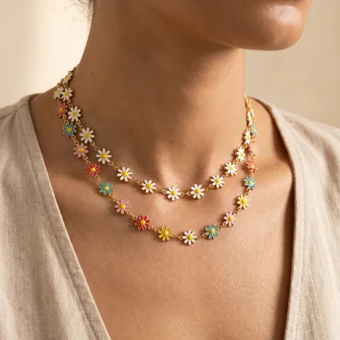 18K Vergoldet Edelstahl Emaille Gänseblümchen Blume Anhänger Halskette Für Damen Mehrfarbig Weiß Floral Halskette Schmuck