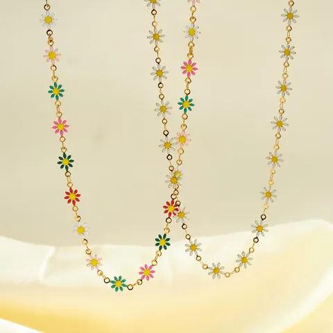 18K Vergoldet Edelstahl Emaille Gänseblümchen Blume Anhänger Halskette Für Damen Mehrfarbig Weiß Floral Halskette Schmuck