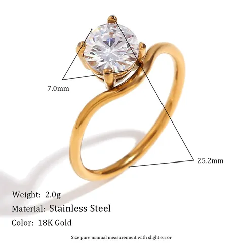 Bague Vague Minimaliste Plaqué Or 18K Acier Inoxydable Zircone Goutte D'eau Ronde Triangle Bijoux Pour Femmes