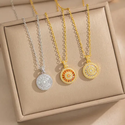 Damen Rund Anhänger Halskette Kupfer Zirkonia Voll Diamant Pflastern Schlüsselbeinkette Elegant Minimalist Schmuck Geschenk