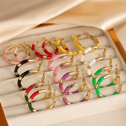 Niche High-End 304 Stainless Steel Bamboo Joint Hoop Earrings Colorful Enamel 18K Gold Plated Geometric Earrings For Women