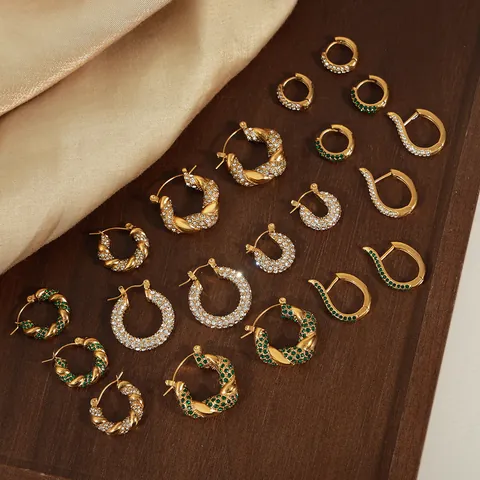 Titanstahl Twist Creolen Luxus Zirkonia Eingelegt U-Form Geometrisch Gold Silber Ohrlochschmuck Für Damen