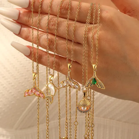 Ozean-Serie Titanstahl Anhänger Halskette Für Damen Delfin Muschel Fischschwanz Strass Künstliche Perle Schmuck