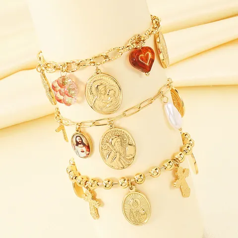 Bracelet en Acier Inoxydable Plaqué Or Style Religieux Vintage Français Avec Plusieurs Pendentifs Croix Coeur Vierge Marie Bijoux