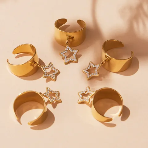 Fashion Stainless Steel Wide Open Ring For Women 18K Gold Plated Cubic Zirconia Pentagram Eight Pointed Star Charm Jewelry