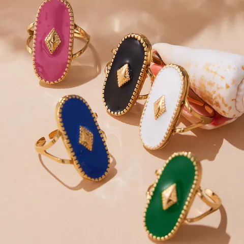 Vintage Multi Color Enamel Oval Ring 18K Gold Plated Stainless Steel Geometric Diamond Motif Retro Statement Jewelry For Women