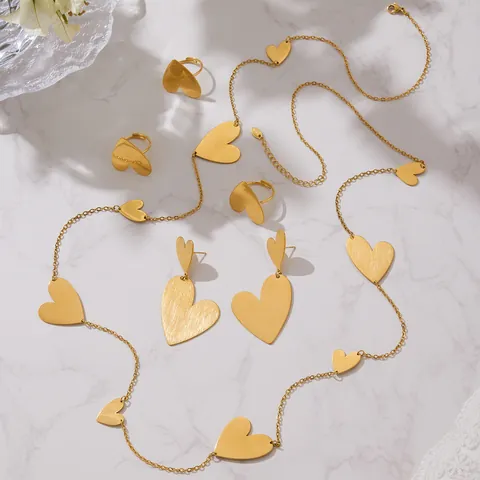 Elegant Stainless Steel Heart Jewelry Set Brushed Matte Gold Long Necklace Drop Earrings Heart Ring For Women Fashion Jewelry