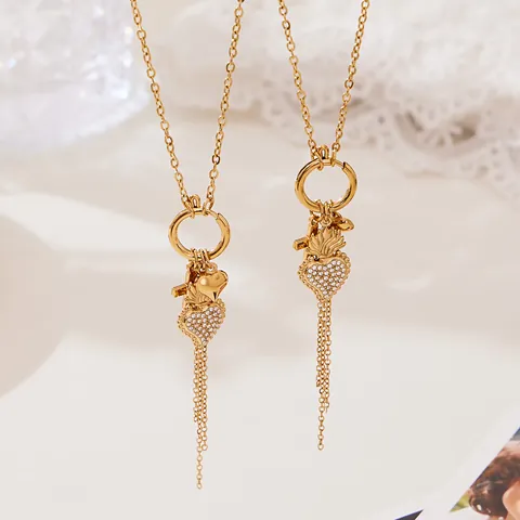 Stainless Steel Gold Plated Sacred Heart Zircon Pendant Necklace With Tassel Cross Charms Retro Chic Jewelry For Women