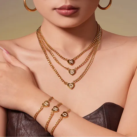 Fashion Stainless Steel Heart Initial Letter Pendant Necklace Bracelet Set 18K Gold Plated Zircon Chic Jewelry For Women
