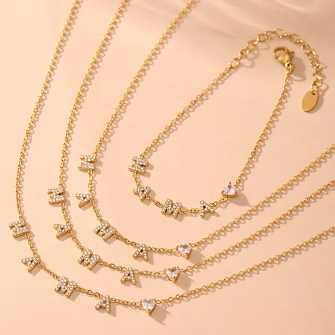 Collana E Bracciale in Acciaio Inossidabile Con Ciondolo MAMA Lettera Cuore E Zircone Gioielli Placcati in Oro Per Donna