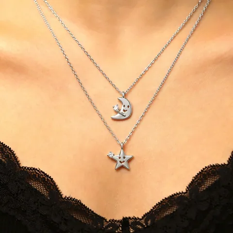 Elegante Collana Con Pendente Stella Luna In Rame Zirconia Per Donna Catena Per Clavicola Con Viso Sorridente Cavo Gioielli Da Collo Alla Moda