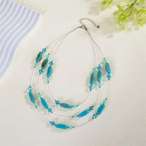 Bohemian Layered Beaded Necklace For Women Natural Stone Crystal Tiered Strand Necklace Vacation Beach Fashion Jewelry Gift