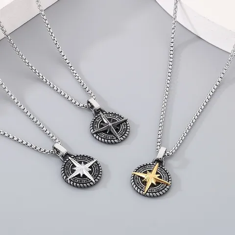 Collar con Colgante de Brújula Náutica de Estrella de Acero Inoxidable Vintage para Hombre Mujer Joyería de Strass Estilo Marino