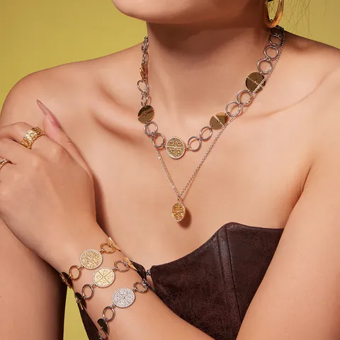 Vintage Edelstahl Rundmünze Anhänger Halskette Armband Set Zirkon Bicolor Gold Silber Plattiert Schmuck Für Damen