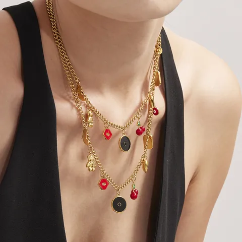 Gold Plated Stainless Steel Enamel Charm Necklace For Women High Heels Bear Lips Heart Spade Cherry Evil Eye Pendant Jewelry