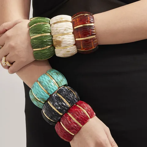 Women's Vintage Wide Band Stainless Steel Resin Stretch Bracelet Gold Plated Marble Texture Bohemian Elastic Bangle Jewelry