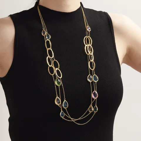 Women Fashion Stainless Steel Long Necklace Colorful Teardrop Glass Stone Pendant Multi Layer Chain Jewelry Accessory Gift