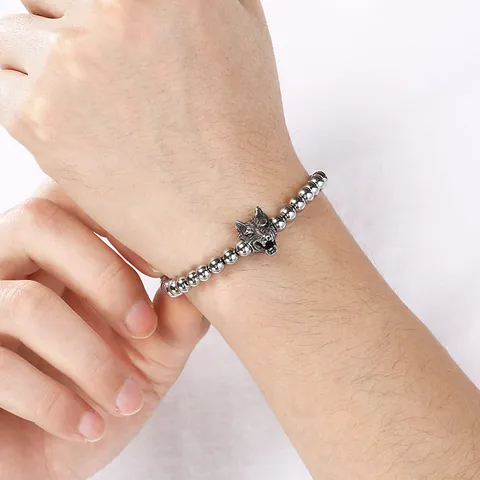 Stainless Steel Beaded Bracelet For Men Women 6mm Round Beads Gothic Punk Skull Wolf Head Spartan Helmet Cross Charm Hand Chain