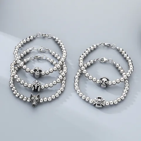 Stainless Steel Beaded Bracelet For Men Women 6mm Round Beads Gothic Punk Skull Wolf Head Spartan Helmet Cross Charm Hand Chain
