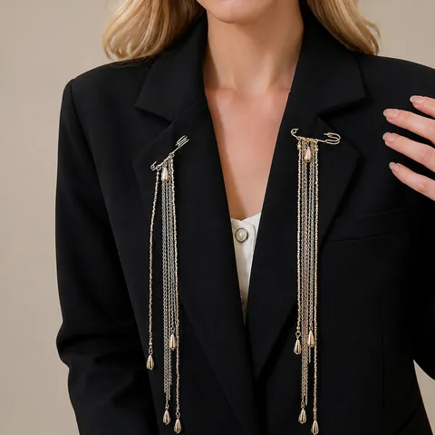 Simple Metal Chain Tassel Brooch For Women Gold Silver Iron Jewelry With Water Drop Pendant Fashion Clothing Accessory