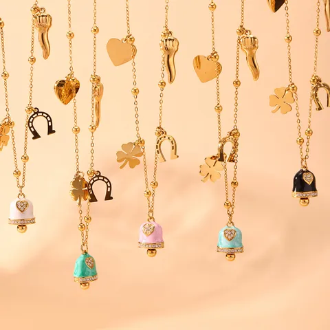 Gold Plated Stainless Steel Jewelry Set Enamel Bell Heart Clover Horseshoe Pendant Necklace Bracelet For Women Jewelry