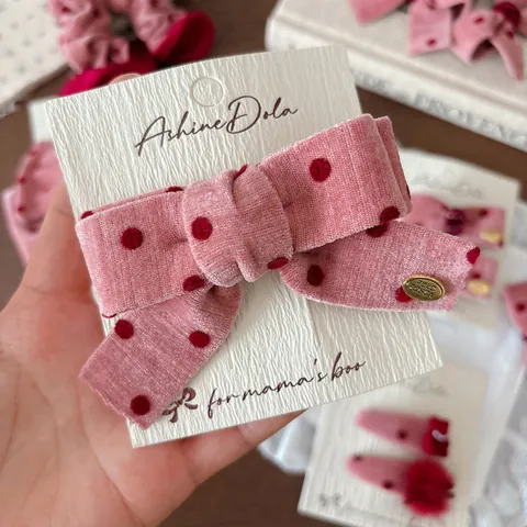 Women Sweet Polka Dot Bow Hair Clips Pink Velvet Scrunchies Hair Ties For Girls Vintage Corduroy Fabric Hair Accessories