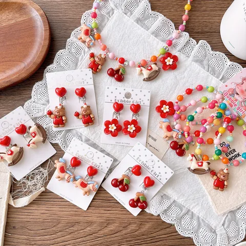 Cute Cartoon Resin Heart Rocking Horse Bear Jewelry Set For Kids Girls Red Cherry Flower Ear Clips Necklace Bracelets