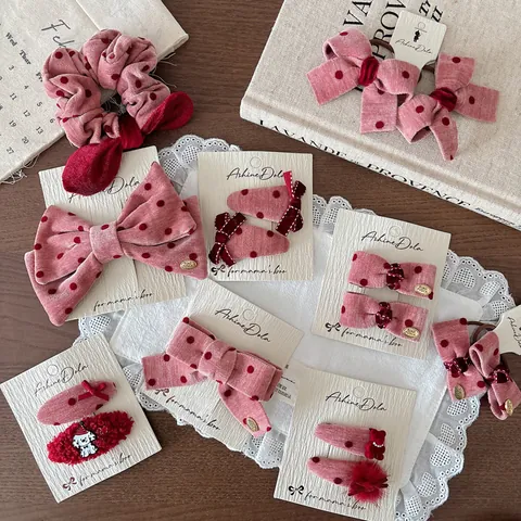 Women Sweet Polka Dot Bow Hair Clips Pink Velvet Scrunchies Hair Ties For Girls Vintage Corduroy Fabric Hair Accessories