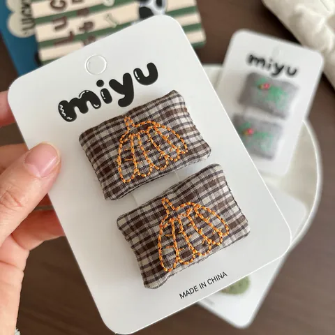 Cute Embroidery Fabric BB Hair Clips For Girls Mori Style Plaid Polka Dot Animal Pumpkin Hairpins Kids Sweet Hair Accessories