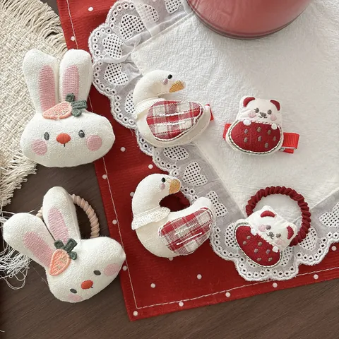 Kinderen Leuke Cartoon Knuffeldier Haarclips Haarelastiekjes Bosstijl Pluche Konijn Beer Zwaan Haaraccessoires Voor Meisjes Verjaardagsfeestje Cadeau