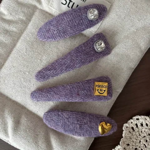 Sweet Purple Woolen Fabric BB Hair Clips Women Girls Rhinestone Heart Smile Face Decor Korean Style Hairpins Accessory