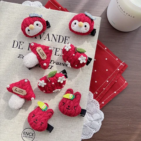 Children Red Cute Cartoon 3D Stuffed Knitted Hair Clip Handmade Mushroom Apple Penguin Rabbit Hairpin For Girls Hair Accessories