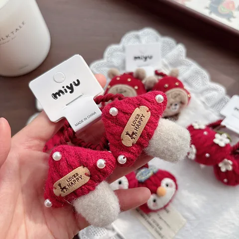 Kids Red Cute Cartoon Animal Plush Hair Ties Mushroom Rabbit Bear Apple Knitted Elastic Hair Bands For Girls Accessories