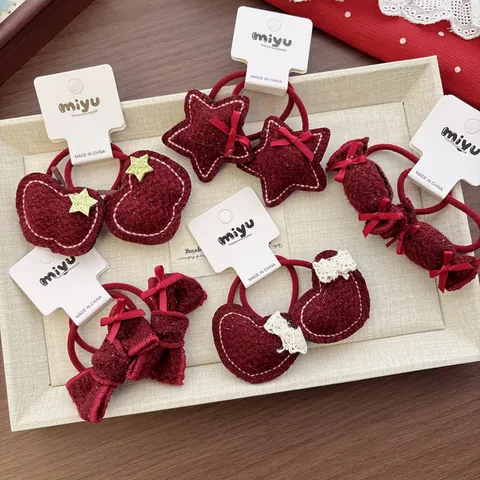 Kinderen Wijnrood Strik Hart Ster Haarelastiekjes Handgemaakt Zoet Bourgondië Vilt Elastische Haarringen Meisjes Nieuwjaar Feest Sieraden