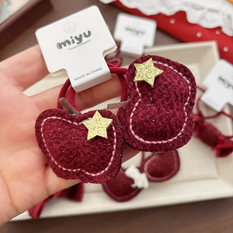 Kinderen Wijnrood Strik Hart Ster Haarelastiekjes Handgemaakt Zoet Bourgondië Vilt Elastische Haarringen Meisjes Nieuwjaar Feest Sieraden