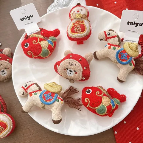 Kids Plush Hair Clips Hair Ties Festive Red Embroidery Animal Bear Character Design Cute Hair Accessories For Little Girls