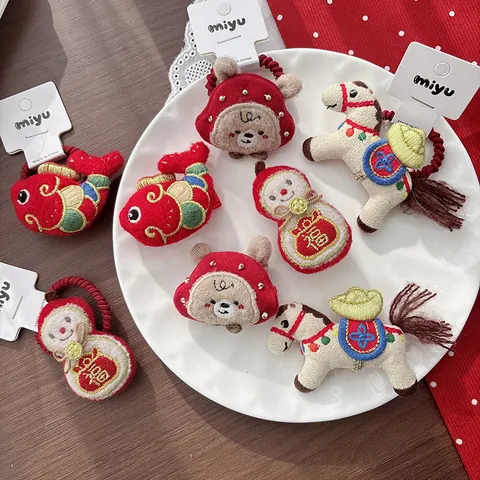Kids Plush Hair Clips Hair Ties Festive Red Embroidery Animal Bear Character Design Cute Hair Accessories For Little Girls