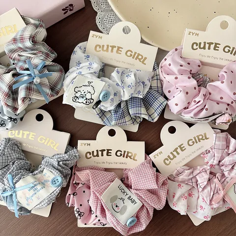 Sweet Plaid Floral Polka Dot Scrunchies For Women Girls Fabric Hair Ties With Bow Button Artificial Pearl Korean Style Accessories