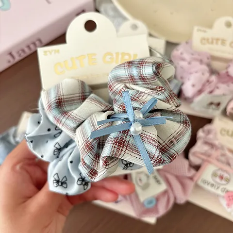 Sweet Plaid Floral Polka Dot Scrunchies For Women Girls Fabric Hair Ties With Bow Button Artificial Pearl Korean Style Accessories