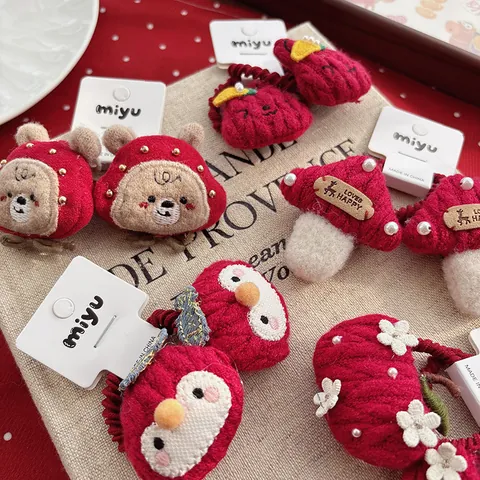 Kids Red Cute Cartoon Animal Plush Hair Ties Mushroom Rabbit Bear Apple Knitted Elastic Hair Bands For Girls Accessories