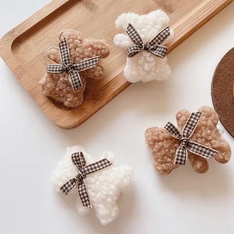 Süße Plüsch Bär Haarklammer Mit Karomuster Schleife Weiche Lammwolle Textur Seitenklammer Haarstyling Accessoire Für Kinder Damen