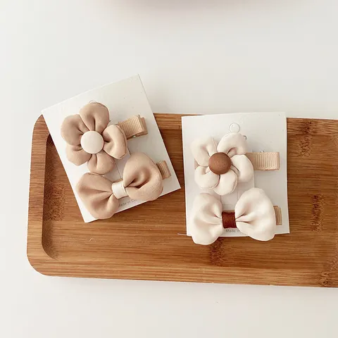 Children's Fabric Flower And Bow Hair Clip Milk Tea Color Cute Girl's Side Clip Handmade Hair Accessories For Kids