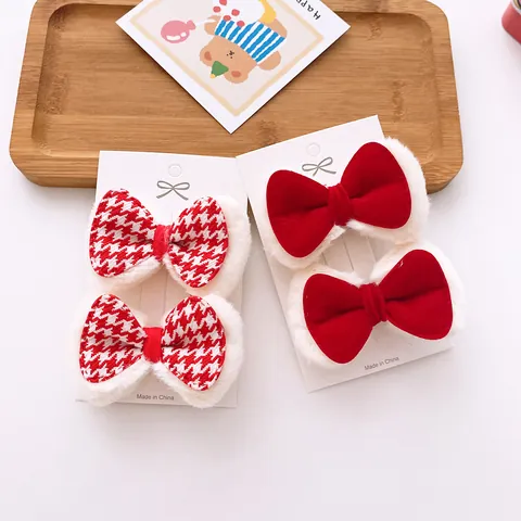 Red Velvet Bow Hair Clips With Faux Fur Trim Christmas Festive Bowknot Hairpins Houndstooth Hair Accessories Girls Women