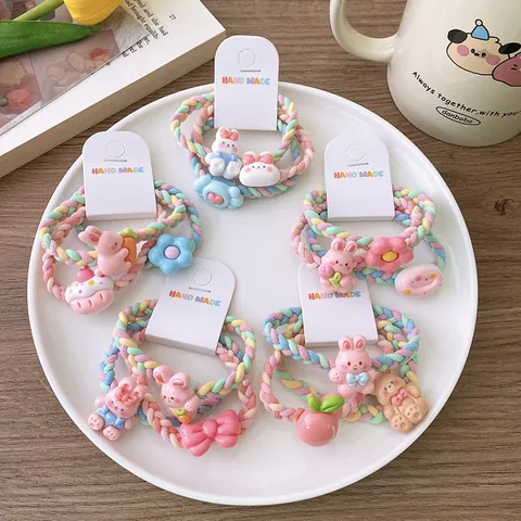 Süße Macaron Gewebte Haargummis Cartoon Hase Blume Harz Charme Elastische Pferdeschwanz Halter Für Mädchen Studenten Haarschmuck